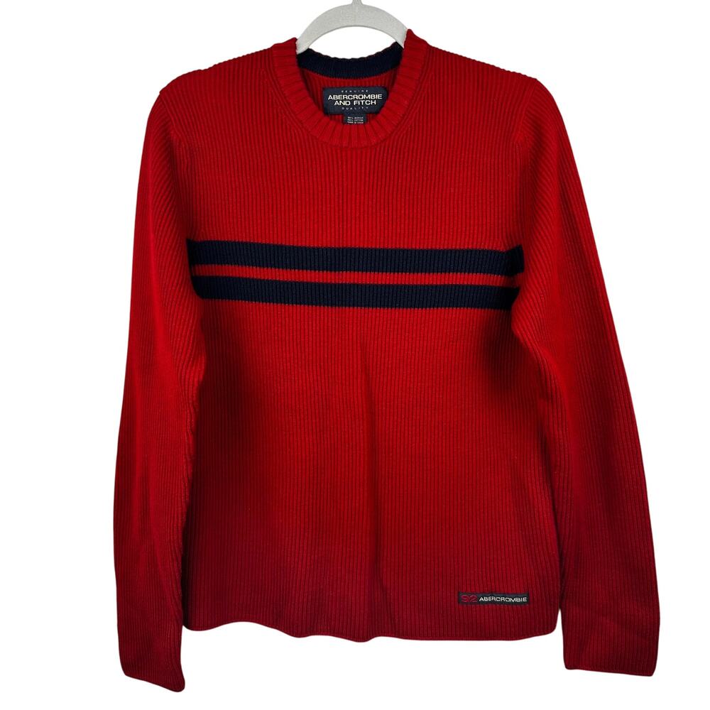 Abercrombie & Fitch Men's Ribbed Sweater Stripes Y2K 90's Crew Red Medium Preppy
